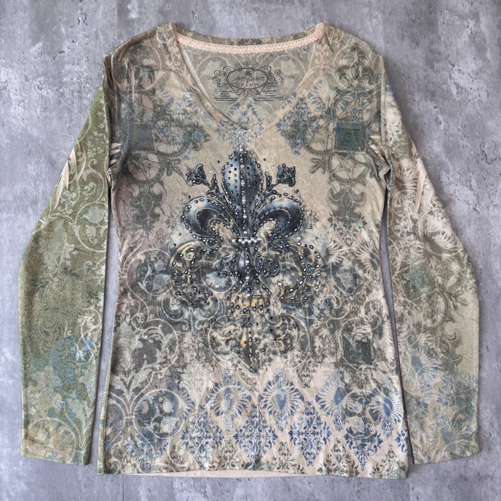 Greensource Shirt Womens M Fleur De Lis Rhinestone Long Sleeve Y2K Tattoo Print